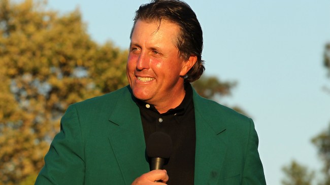 Phil Mickelson wearing the green jacket after winning The Masters at Augusta National