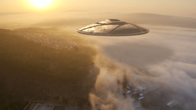 ufo over city clouds