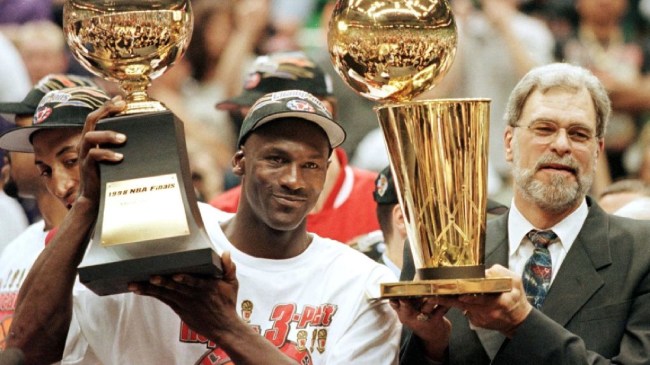 Michael Jordan and Phil Jackson after winning a title