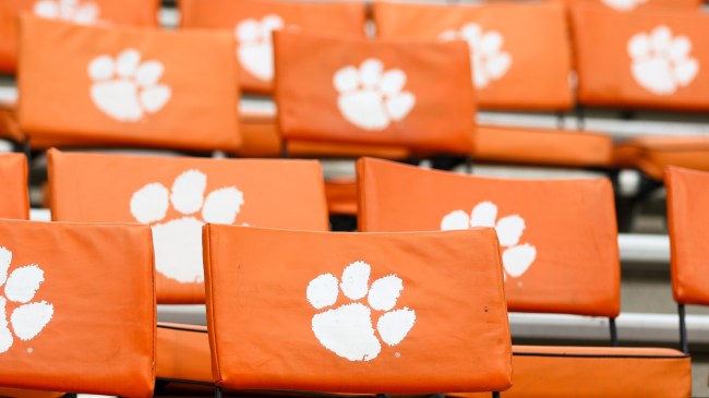 Clemson Tigers logos on seats at Memorial Stadium.