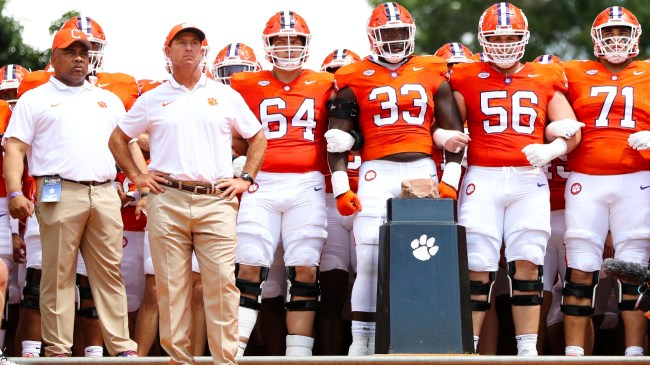 Dabo Swinney and the Clemson Tigers prepare to run onto the field.