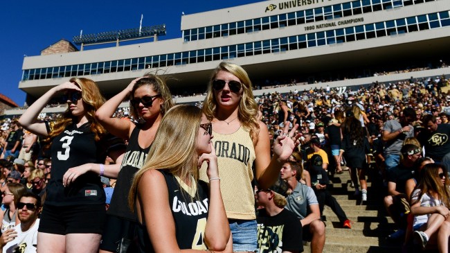 Colorado students watch a Buffs football game at Folsom Field.