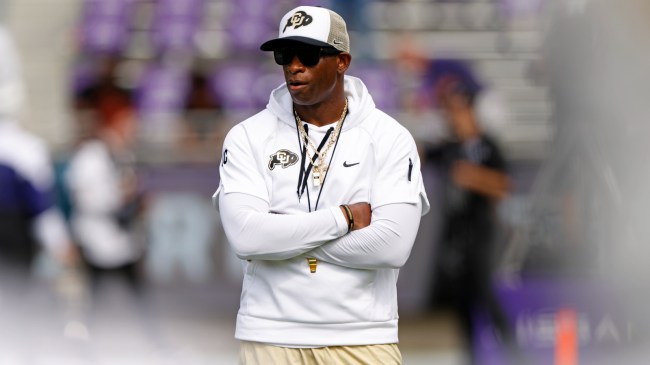 Deion Sanders on the field before Colorado's matchup vs. TCU.
