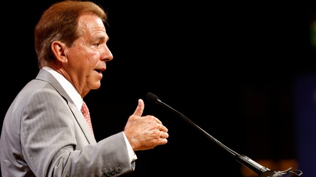 Nick Saban speaks to reporters at SEC media days.