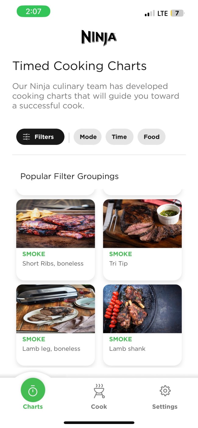 Screenshot of the Ninja ProConnect™ app for using the Ninja Woodfire™ Pro Connect XL Outdoor Grill & Smoker