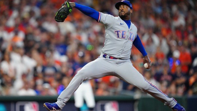 Aroldis Chapman throws a pitch in the ALCS.