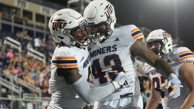 UTEP players celebrate a big play against FIU.