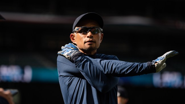 Ichiro Suzuki warms up before a Seattle Mariners game.