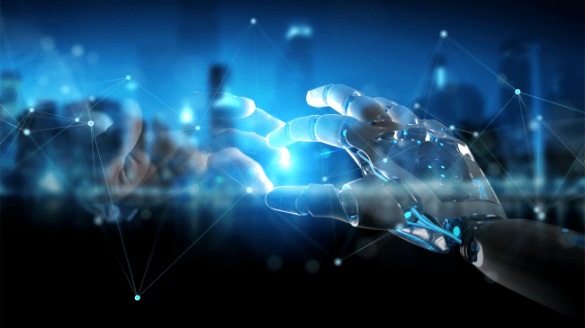 gemini Artificial Intelligence Robot hand and human hand touching