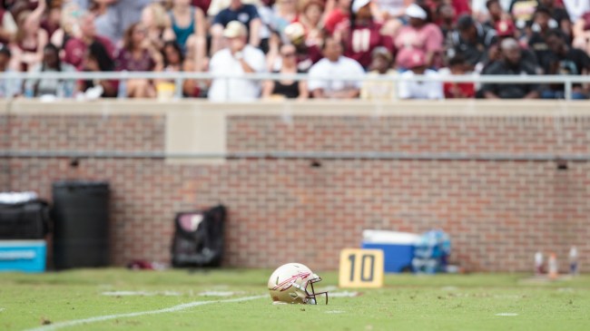 A Florida State helmet on the field before a game vs. Boise State.