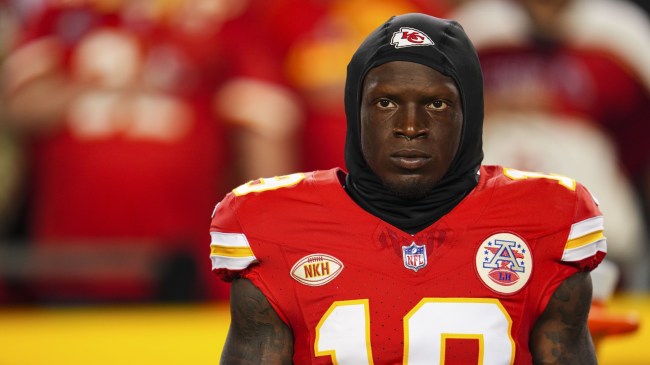 Kadarius Toney stands on the sidelines during a Kansas City Chiefs game.