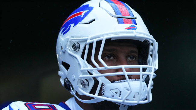 Von Miller of the Buffalo Bills looks on prior to game