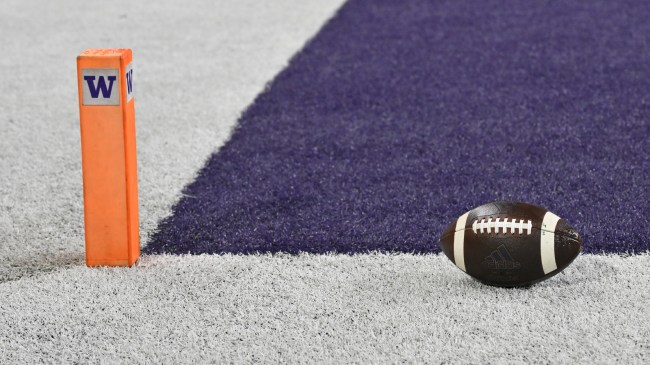 A Washington Huskies logo on a pylon in the endzone.