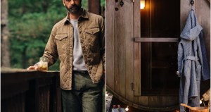 Huckberry men's jacket and men's bathrobe in a rustic setting