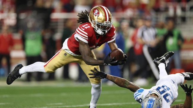 San Francisco WR Brandon Aiyuk catches a pass in the NFC Championship.