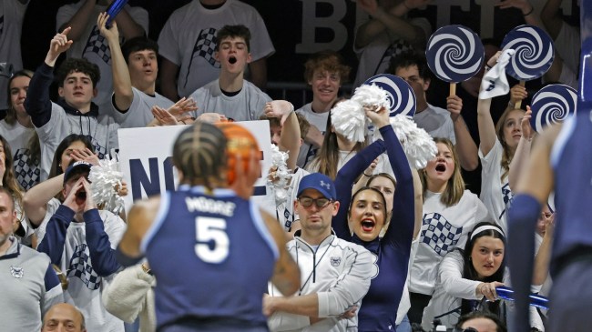 Butler basketball fans try to distract a Villanova free throw shooter.