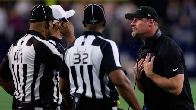 Dan Campbell of the Detroit Lions reacts to a penalty during a two point conversion attempt against the Dallas Cowboys