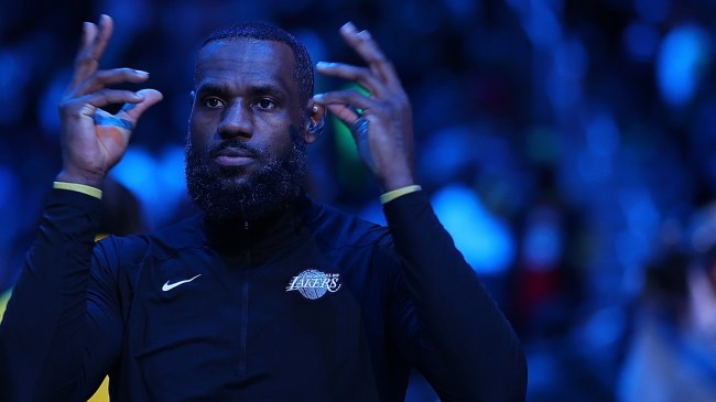 LeBron James on the court before a Lakers game.