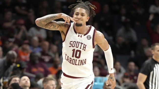 South Carolina guard Myles Stute reacts after making a shot.