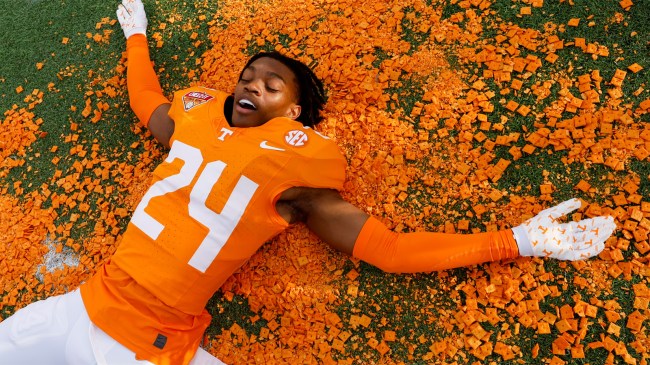 Tennessee Volunteers defensive back Jordan Matthews lies in a pile of Cheez-Its