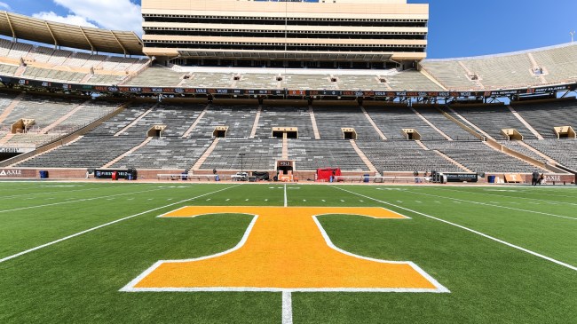 A Tennessee logo at midfield in Neyland Stadium.
