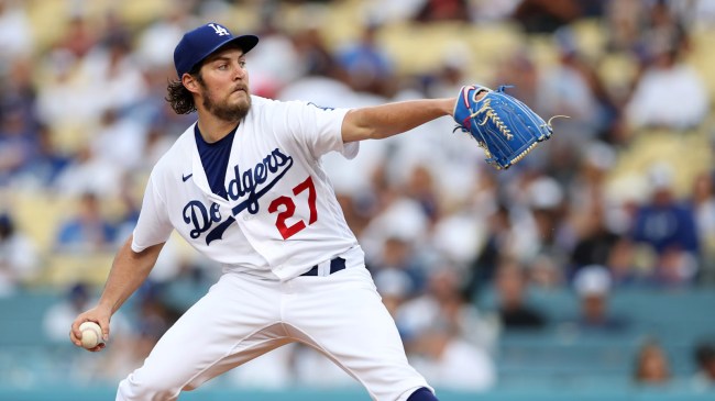 Trevor Bauer 27 of the Los Angeles Dodgers pitches