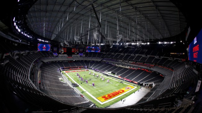 A view of the field at Allegiant Stadium before Super Bowl LVIII.