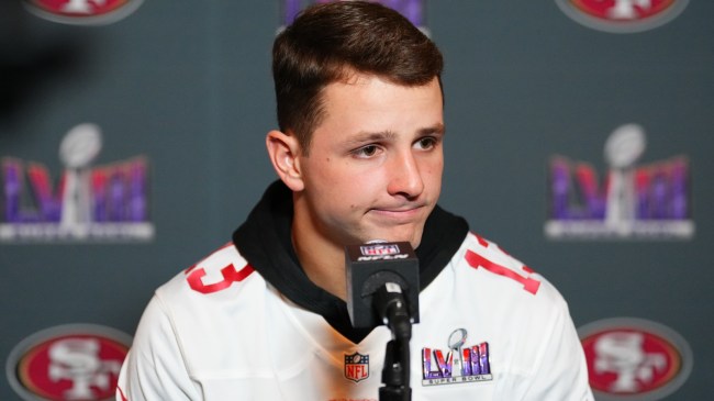 Brock Purdy speaks to the media ahead of Super Bowl LVIII.
