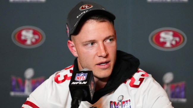 Chrisitan McCaffrey speaks to the media ahead of Super Bowl LVIII.