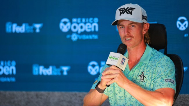 Jake Knapp talks to the media after a win at the Mexico Open.