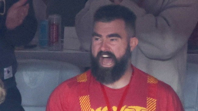 Jason Kelce cheers the Kansas City Chiefs during Super Bowl LVIII
