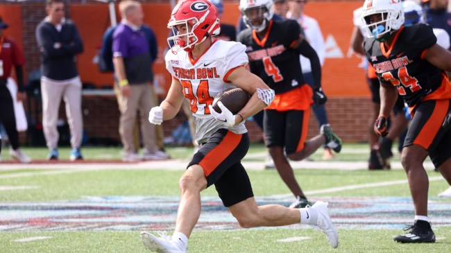 Ladd McConkey runs with the ball at the Senior Bowl.