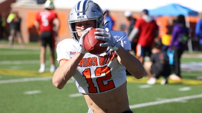 Rice WR Luke McCaffrey catches a pass at Senior Bowl practice.