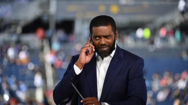 Randy Moss on set before an NFL game.