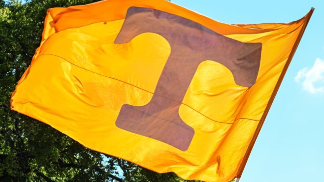 A Tennessee Vols flag flies outside of Neyland Stadium.