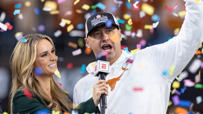 Texas Longhorns head coach Steve Sarkisian interviewed by ESPN reporter Molly McGrath