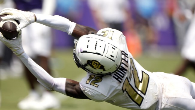 Travis Hunter intercepts a pass against TCU.