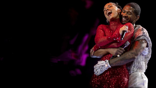 Usher performs with Alicia Keys at Super Bowl LVIII.