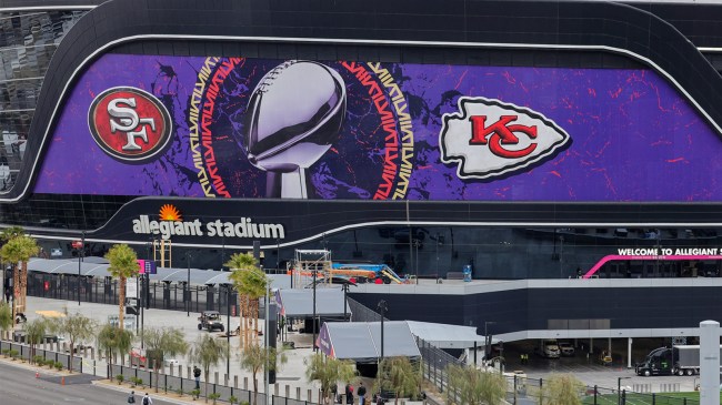 exterior view Lombardi Trophy team logos Super Bowl LVIII at Allegiant Stadium