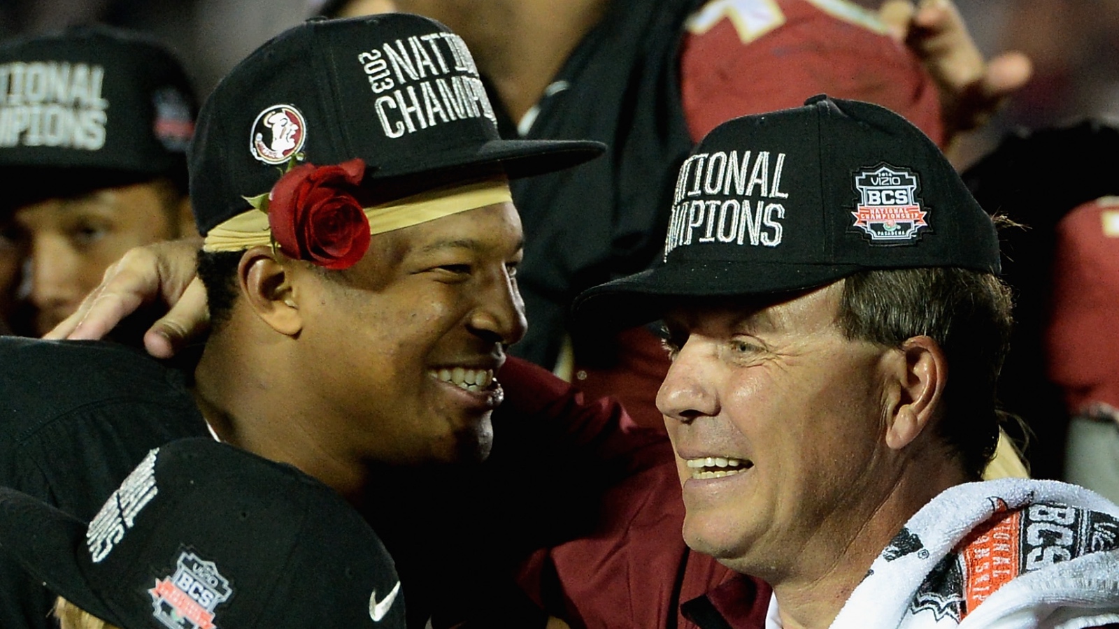 Jameis Winston and Jimbo Fisher at FSU National Championship 2013