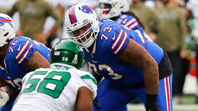 offensive lineman dion dawkins lining up against the jets