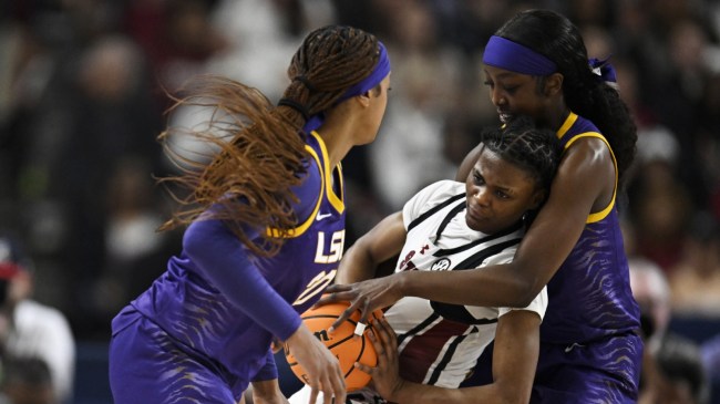 Flau'jae Johnson tried to rip the ball from a South Carolina player.