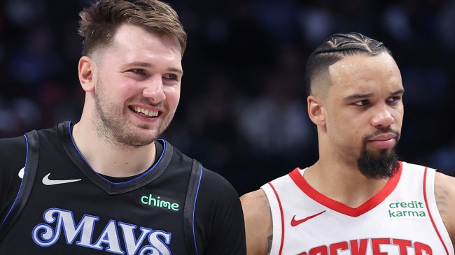 Luka Doncic and DIllon Brooks during Rockets-Mavericks game