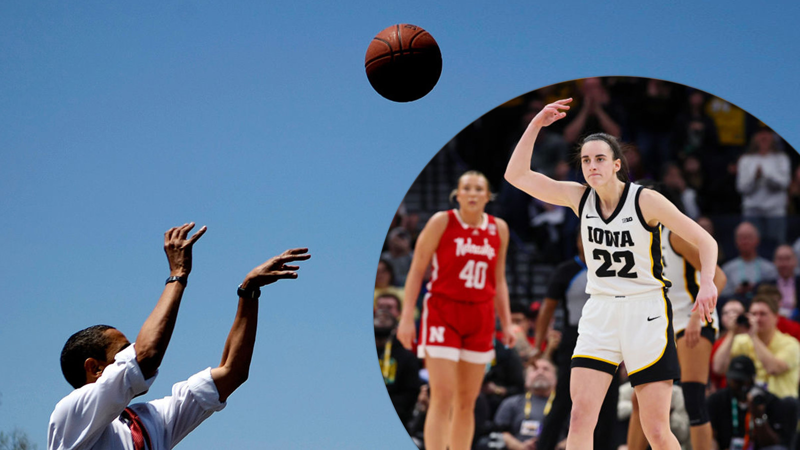 President Barack Obama and Caitlin Clark each playing basketball