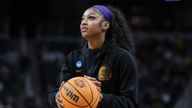 Angel Reese warms up before an NCAA Tournament game.