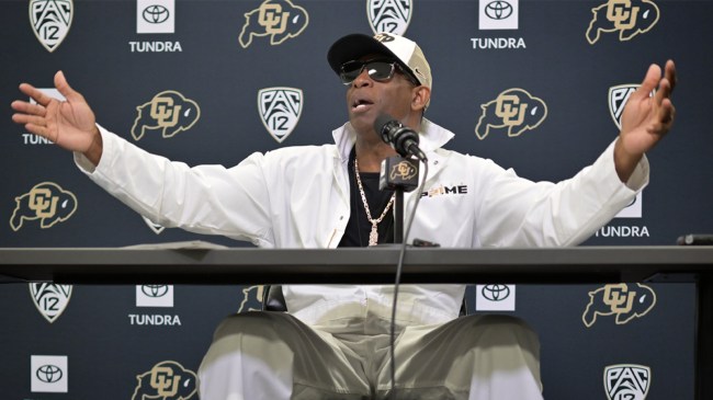 Deion Coach Prime Sanders speaks with the media