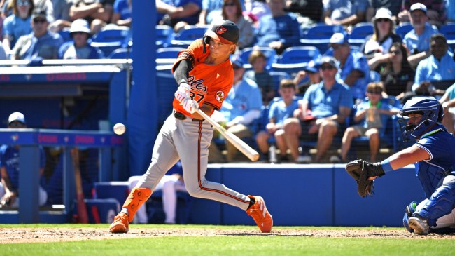 Jackson Holliday of the Baltimore Orioles bats during spring training game