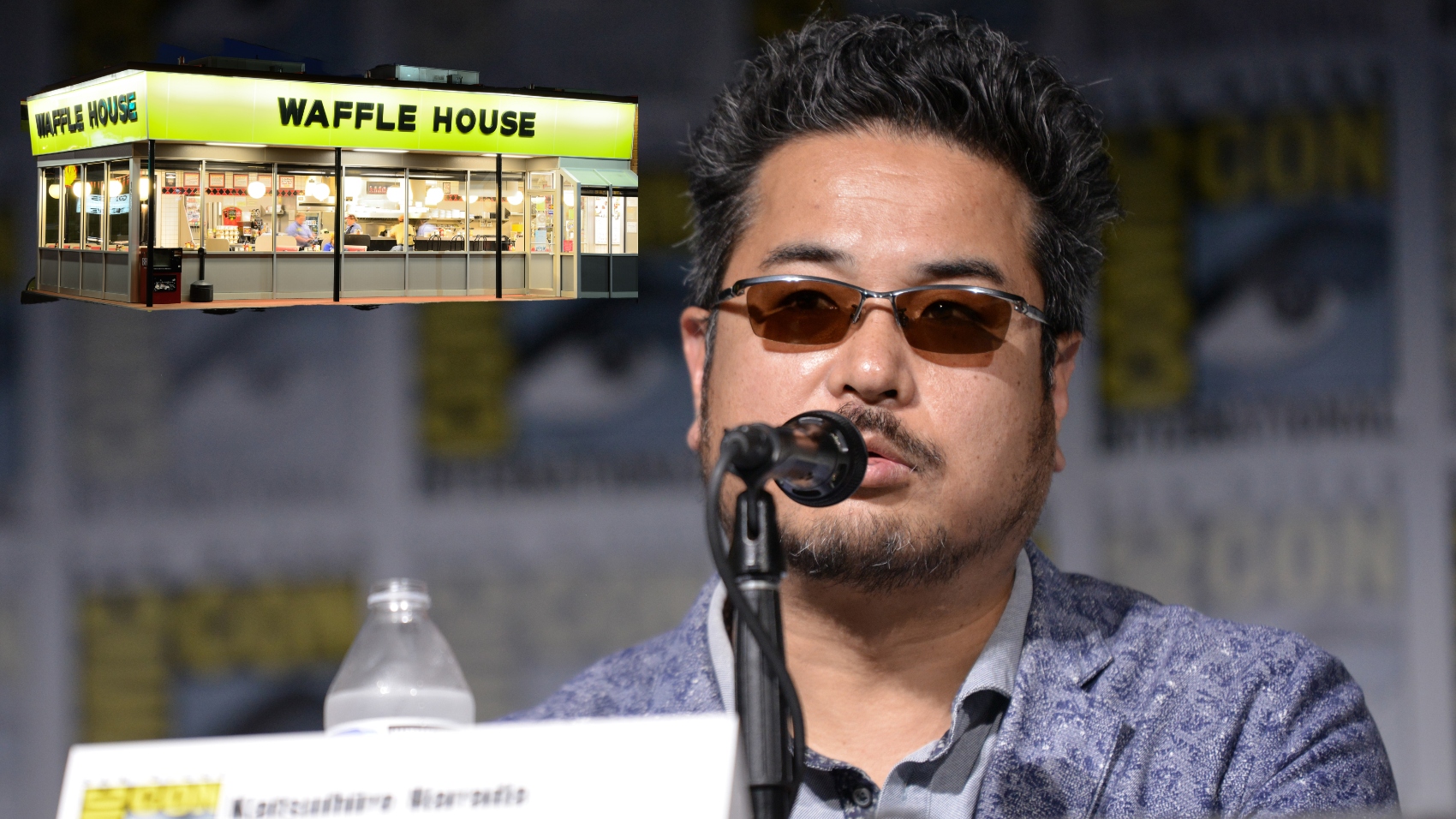 Tekken video game director Katsuhiro Harada next to a Waffle House