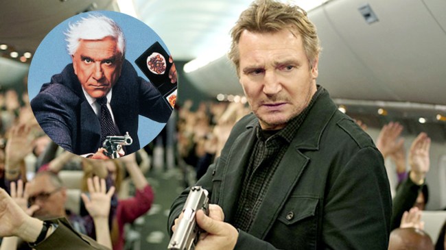 liam neeson holding a gun on a plane