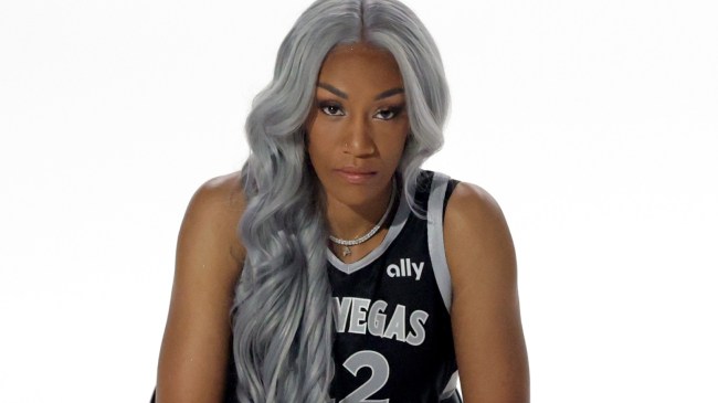 A'ja Wilson poses for a photo at WNBA media day.